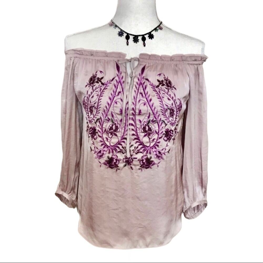 WHBM Floral Boho Satin Blouse Embroidered Rose Purple OTS